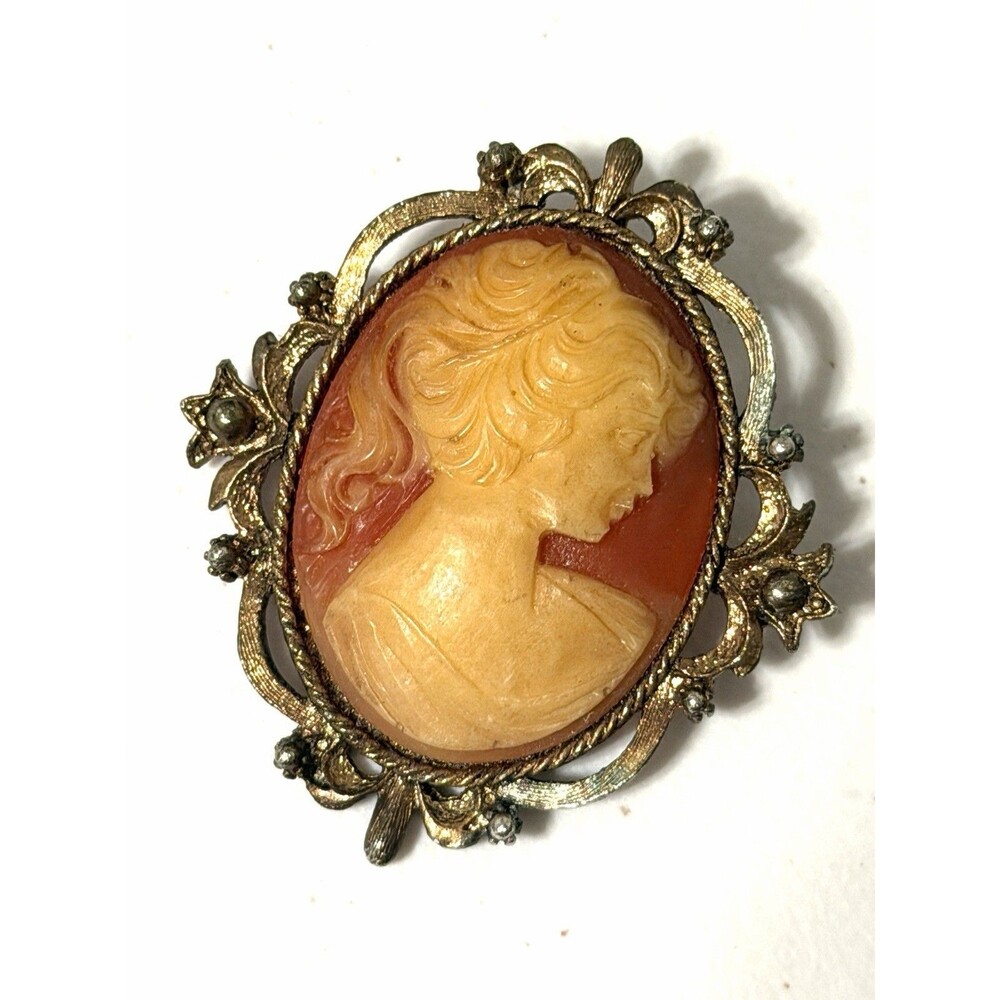VTG Brooch Pendant Cameo Victorian French Lady Carved Bakelite Celluloid 3” L